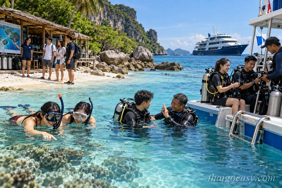 同一片海域裡的四種玩法：浮潛、教練帶的體驗潛水、自己下水的 Fun Dive，遠處停著船宿船