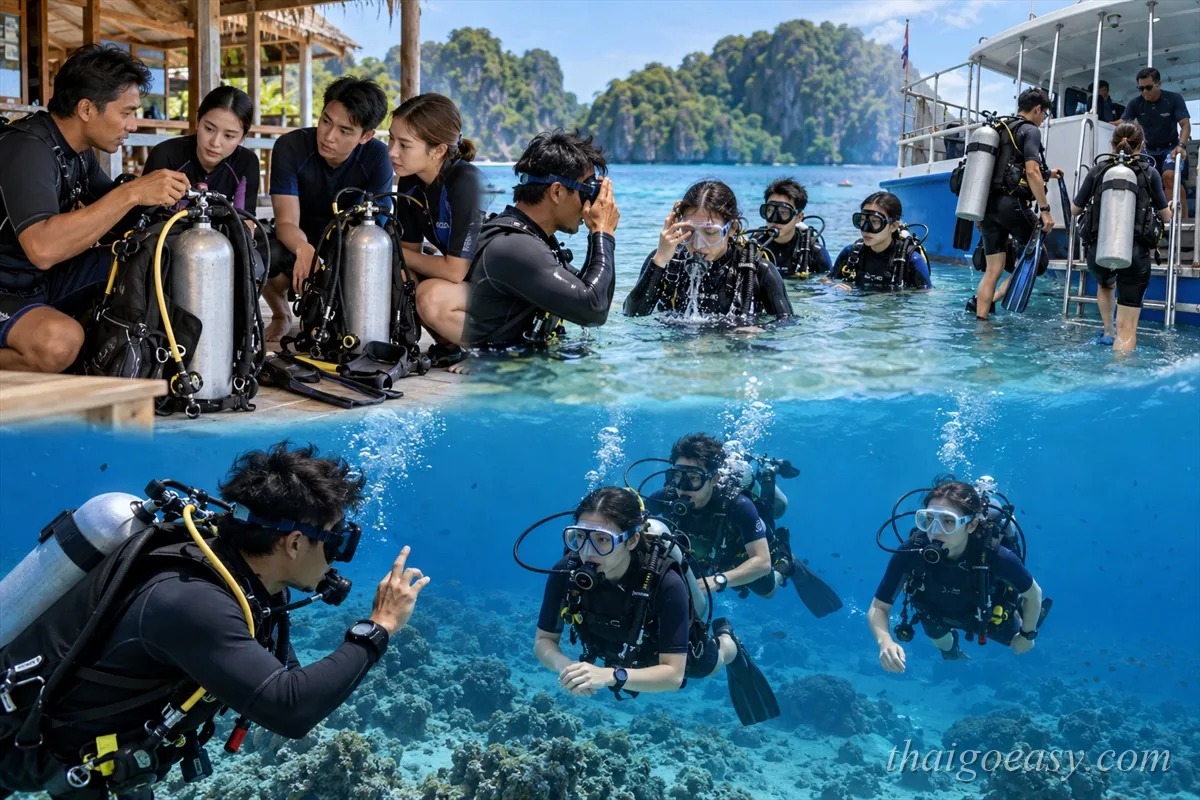 PADI 課程現場：岸上教練講解裝備、水面學員練習面鏡排水、水下教練示範手勢