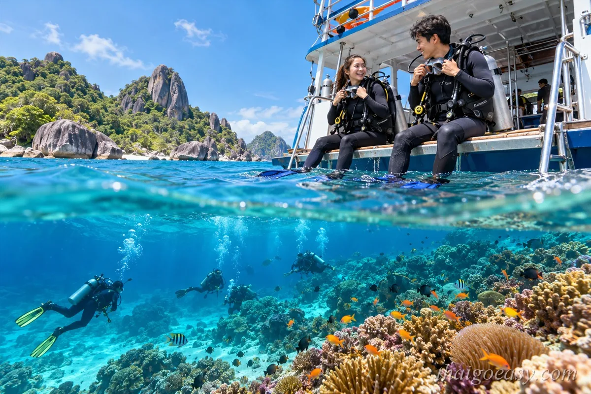 泰國潛水：潛水員坐在船邊準備下水，水面下是珊瑚礁與成群熱帶魚