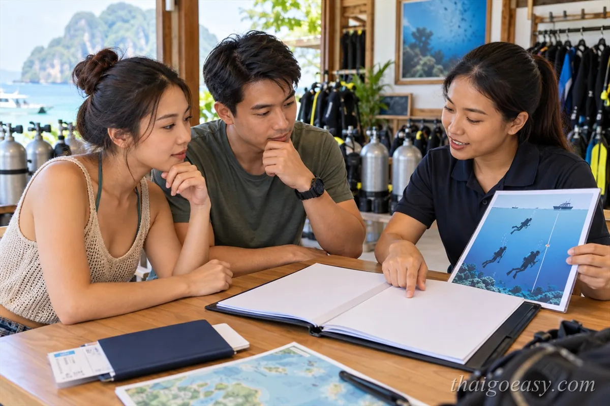 潛店櫃檯：工作人員拿著潛水示意圖向兩位旅客說明條款，桌上放著文件與地圖