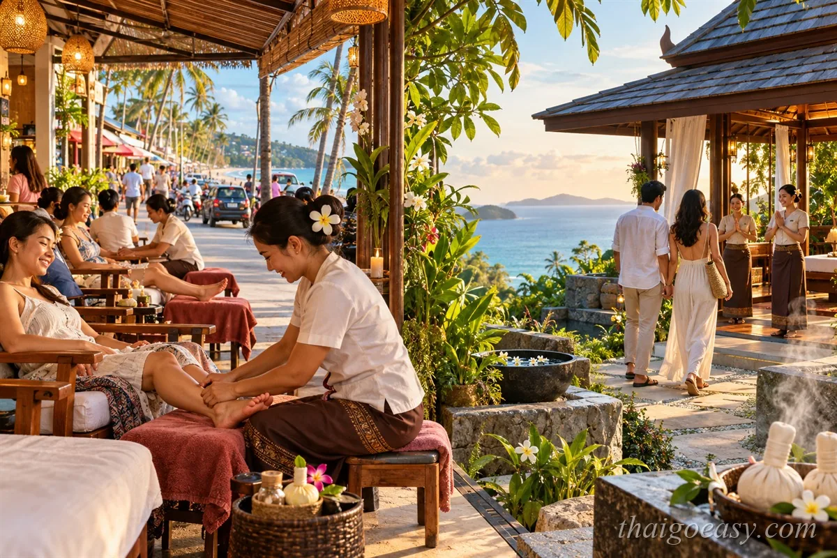 蘇美島查汶主街邊的腳底按摩,右側是庭園式 SPA 涼亭與石缽,遠景是海灣