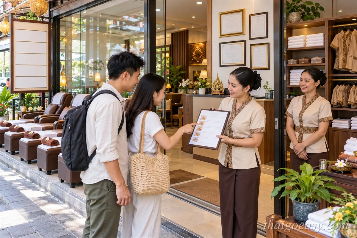 正規按摩店門口:店員拿療程單向客人解說,牆上掛著四個裱框執照,旁邊是整排制服與門口的腳底按摩躺椅