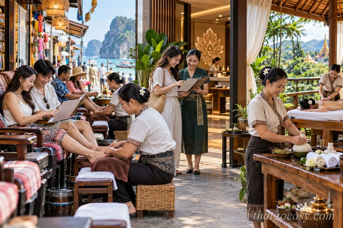 泰國按摩三種價位同框:街邊客人拿著價目單、連鎖店員拿價目板解說、庭園 SPA 調製草藥球